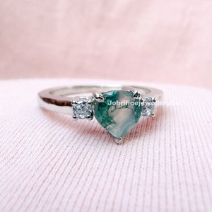 Elegant Solitaire Moss Agate Engagement Ring - Handcrafted with Solid Silver and 14k Yellow Gold - Symbolize Everlasting Love!