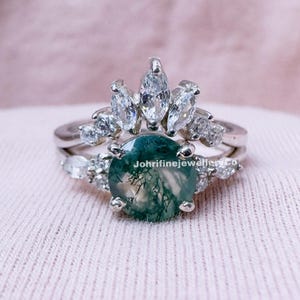 Moss Agate Engagement Ring Set: Round Stone, Moissanite Marquise Cluster