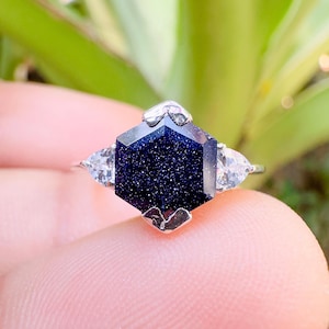 Starry Night Blue Sandstone Hexagon Ring - Unique Galaxy Quartz Jewelry for Women, Engagement or Wedding Ring
