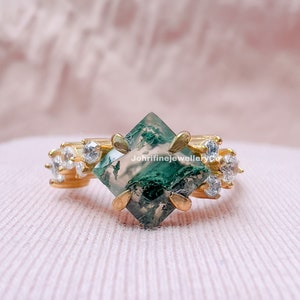 Moss Agate Statement Ring: Vintage Sterling Silver, Simulated Diamond Accents
