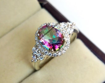 Sterling Silver Mystic Topaz Ring - Engagement, Promise, Halo Ring, Statement Ring, Anniversary, Birthday Gift For Her, Mum, Girlfriend