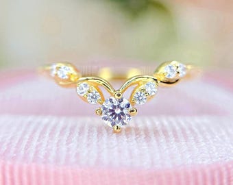 Curved Moissanite Wedding Band: 14k Gold Chevron Anniversary Ring