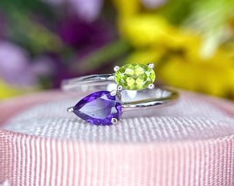 Amethyst and Peridot Ring: Handmade 925 Sterling Silver Promise Ring