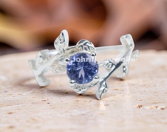 Dainty Tanzanite Leaf Ring: Sterling Silver Nature Branch Ring