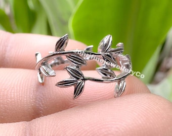 thumbnail image 2 of VOROCO 925 Silver Spring Leaves Ring With AAA CZ – Adjustable Size 6-8, Stackable Style 2 of 3
