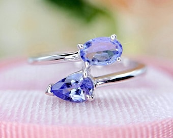 Pear & Oval Tanzanite Ring: Sterling Silver Multi-Stone Statement Ring