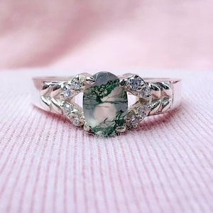 Handcrafted Oval Moss Agate Ring: Sterling Silver Promise Jewelry