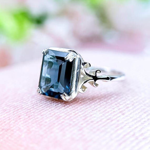 Emerald Cut London Blue Topaz Ring: Vintage Filigree Sterling
