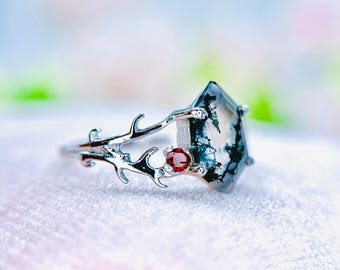 Moosachat Hexagon Ring: Granat Blatt Solitär, Sterling Silber