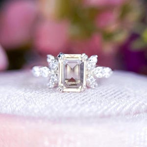 Minimalist Natural Morganite Gold Engagement Ring, Emerald Cut Morganite Hidden Halo Ring, Women Morganite Anniversary Ring For Her
