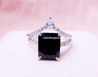 Natural Black Onyx engagement ring set featuring a stunning Black Onyx Cluster and a white Gold band - a perfect Bridal gift for women