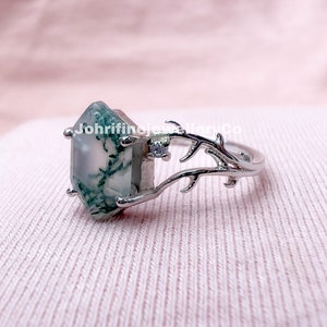 Natural Moss Agate Ring Vintage Hexagon Engagement Ring Inspired Leaf Solitaire Ring Green Healing Gemstone Ring Unique Promise Ring Women
