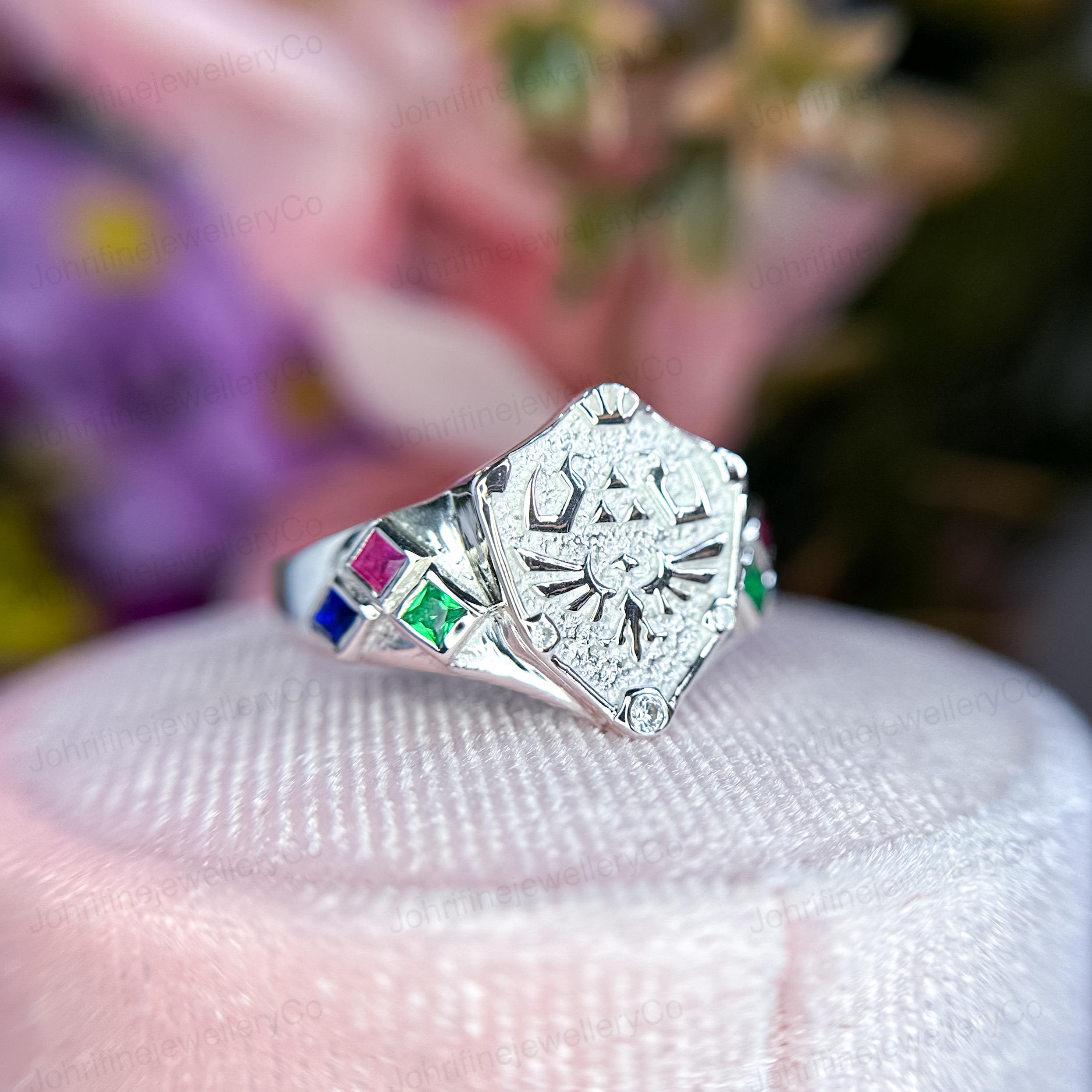 Legend of Zelda Ring: Sterling Silver Hylian Shield, Lab Sapphire