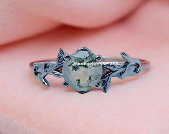 Natural Moss Agate Leaf Ring: Sterling Silver Gemstone Ring