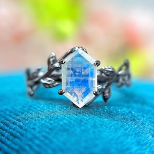Può includere: Un anello d'argento con una grande pietra di luna esagonale. La pietra ha una lucentezza iridescente blu e bianca. La fascia dell'anello è decorata con un delicato motivo a foglie, creando un'estetica elegante e ispirata alla natura.