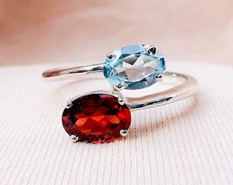 Anello Artigianale In Argento 925 Con Granato Sfaccettato E Larimar - Fatto A Mano - Foto 3