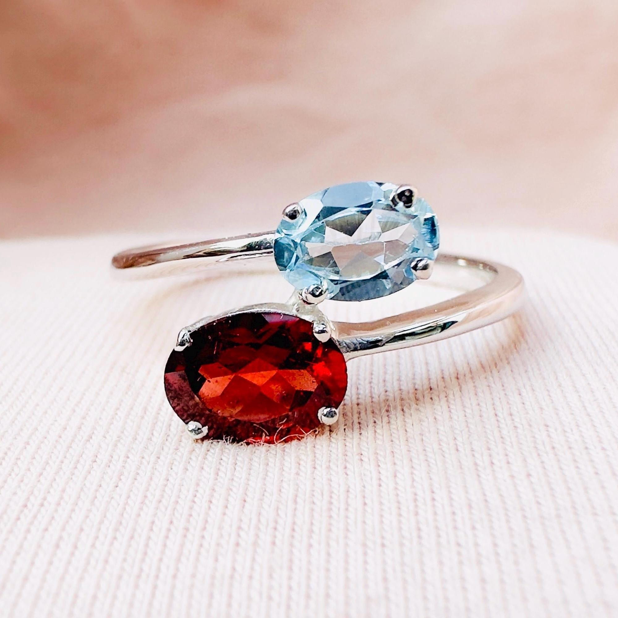 Handmade Garnet and Aquamarine Ring: Sterling Silver Dual