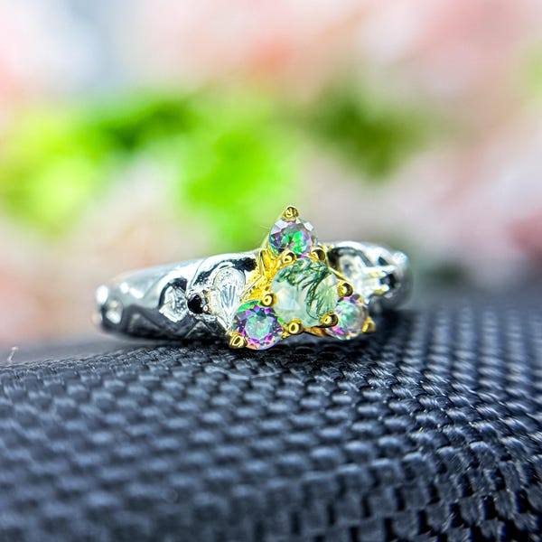 Zelda Inspired Mystic Topaz Ring: Black Onyx Sterling Silver Engagement Ring
