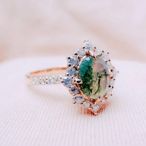Oval Moss Agate Engagement Ring: Sterling Silver Rose Gold Plated Stacking Ring