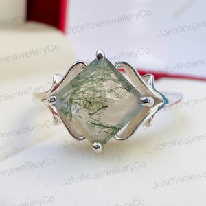 Princess Cut Moss Agate Ring: Sterling Silver Leaf Ring