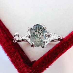 Anillo de compromiso de ágata musgosa de rama: piedra ovalada, plata de ley para novia