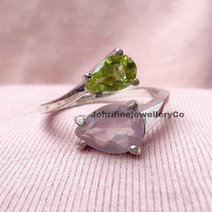 Rose Quartz Peridot Ring: Sterling Silver Adjustable Birthstone Jewelry