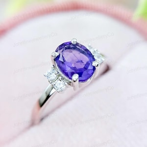 Oval Amethyst Sterling Silver Engagement Ring: Birthstone Promise Ring