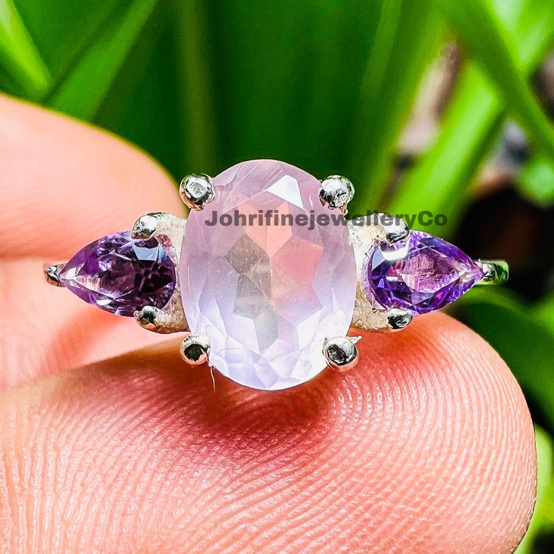 Natural Rose Quartz and Amethyst Ring 14k Gold Vermeil Ring, Multi