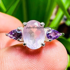 Natural Rose Quartz And Amethyst Ring 14k Gold Vermeil Ring, Multi Gemstones Pink Crystal 925 Silver Ring, Olive Promise Birthstone Ring