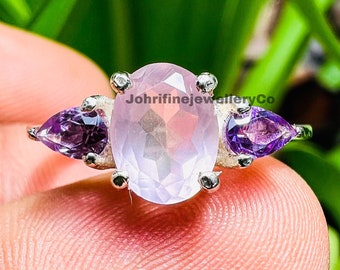 Rose Quartz and Amethyst Ring: 14k Gold Vermeil, 925 Silver