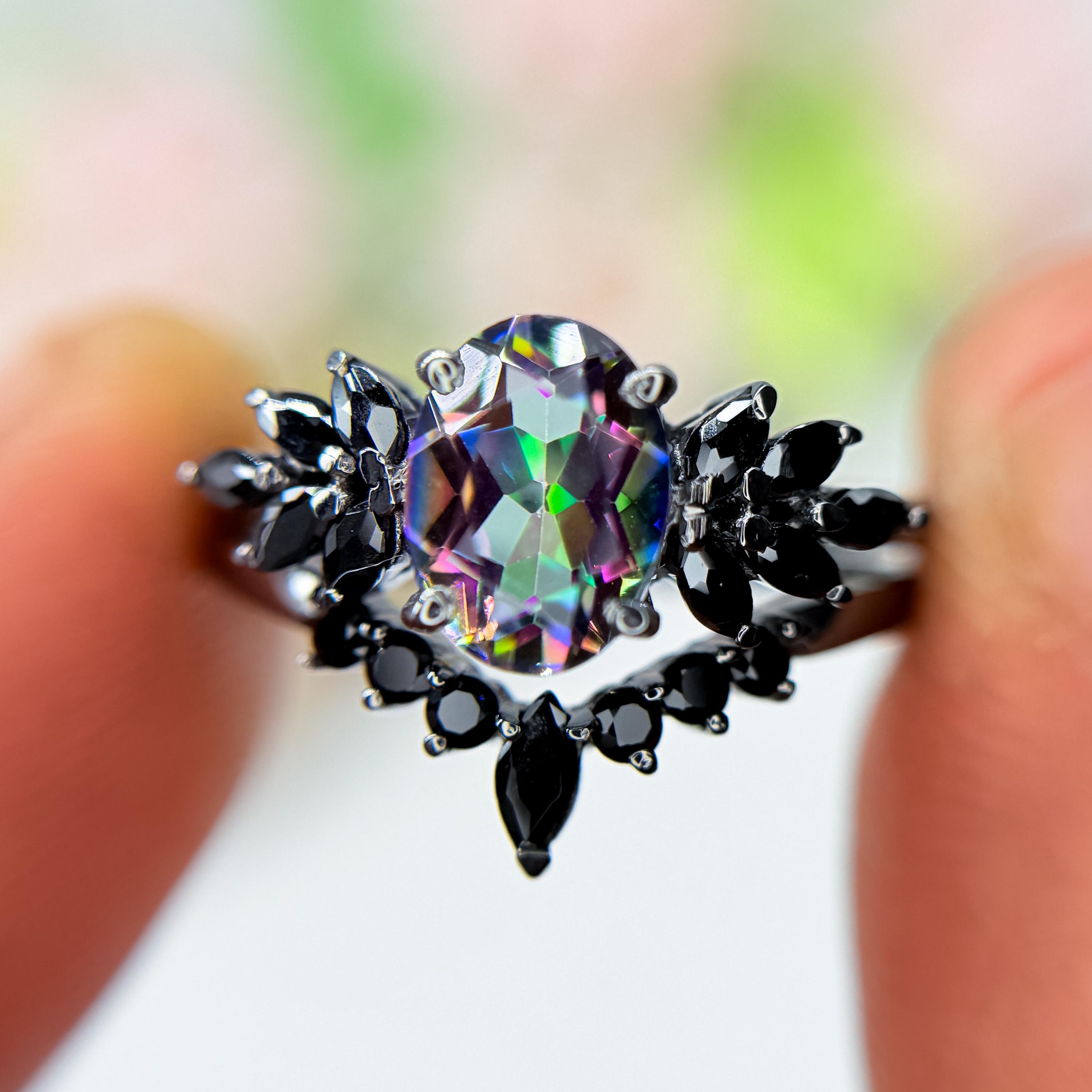Mystic Topaz Engagement Ring Set: Gothic Black Rhodium Sterling