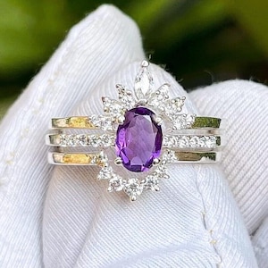 Natural Amethyst Ring Set, 925 Sterling Silver Ring, 3 Piece Birthstone Ring, Silver Gift Ring, Promise Ring, Engagement Ring, Wedding Ring