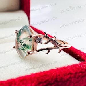 Hexagon Moss Agate Ring: Sterling Silver Branch Design