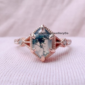 Moss Agate Hexagon Ring: Sterling Silver, Simulated Diamonds