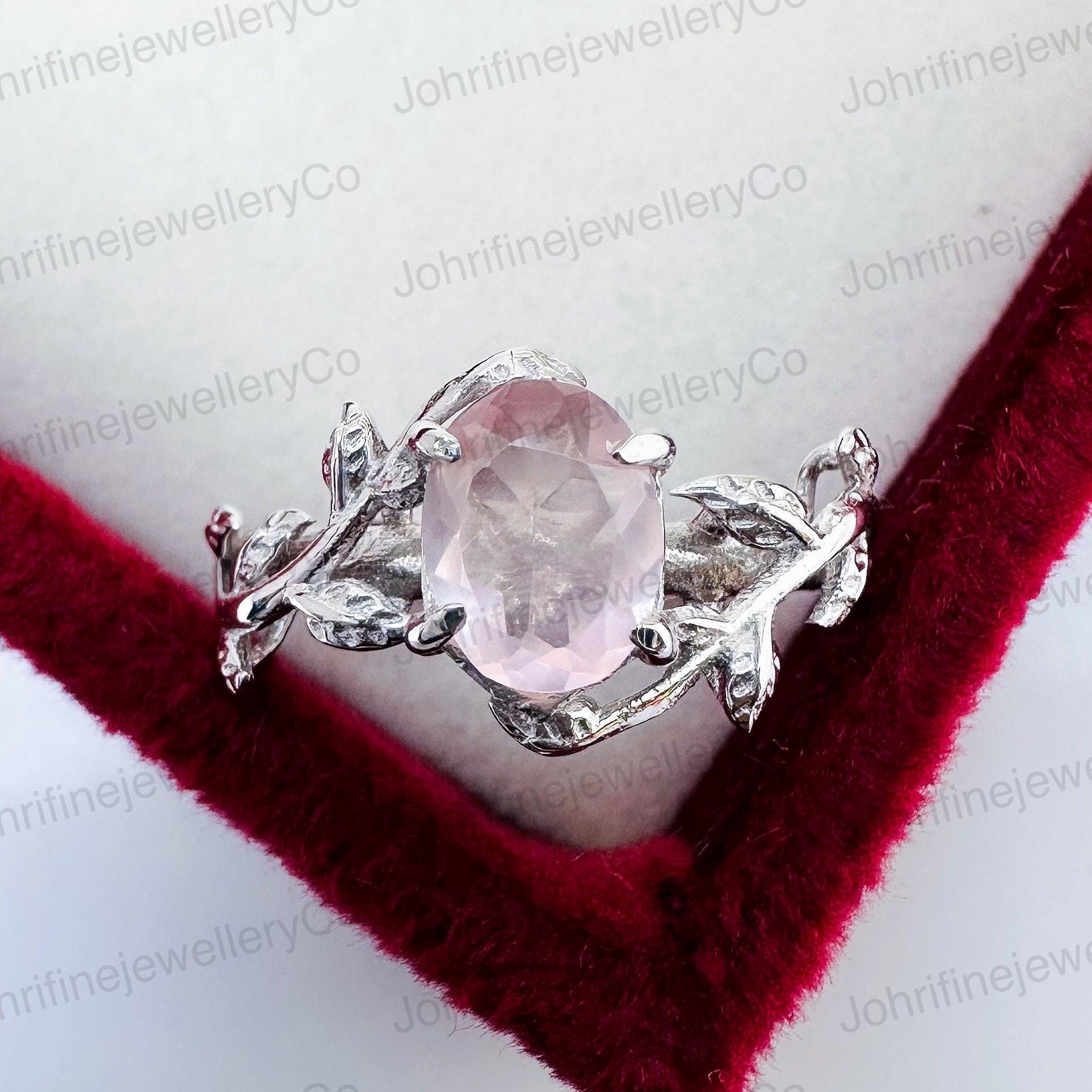 Rose Quartz Ring: Sterling Silver Leaf Design, Nature Inspired