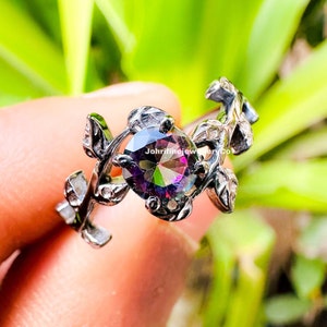 Minimalist Mystic Topaz Ring: Sterling Silver Leaf Branch Twig