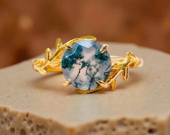 Natural Moss Agate Leaf Ring: Sterling Silver Gemstone Ring