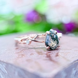 Leaf Moss Agate Ring: 14k Rose Gold, Pear Cut Stone