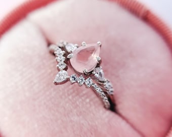 Pear Rose Quartz Engagement Ring Set: Art Deco Sterling Silver Moissanite Promise Ring