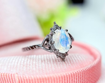 Kunstvoller Gothic Regenbogen Mondstein Ring, Sterling Silber, Witchy Schmuck