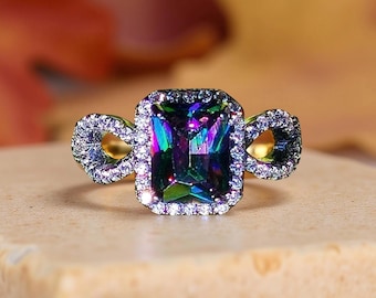 Mystic Topaz Statement Ring, Sterling Silver Cubic Zirconia, Handmade