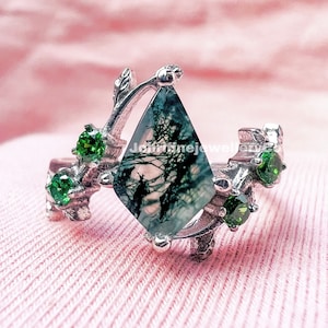 Moss Agate Twig Ring: Sterling Silver Leaf Branch, Green CZ