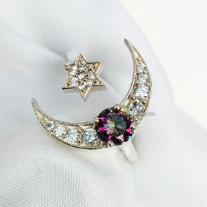 Handmade Mystic Topaz Sterling Silver Ring: Star & Moon Design