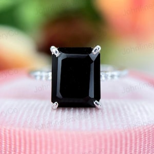 Black Onyx Engagement Ring: Emerald Cut, Sterling Silver, Simulated Diamonds