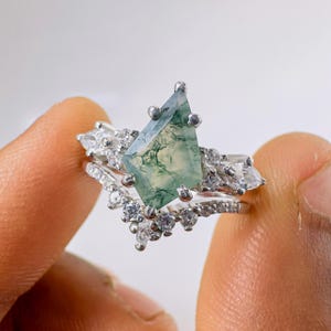 Kite Cut Moss Agate Engagement Ring Set: 14k Gold Marquise CZ Diamond Ring