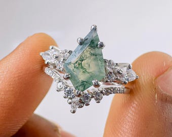 Natural kite cut green moss agate, engagement ring set, 14k gold ring, marquise Cz Diamonds ring for women unique bridal wedding ring set