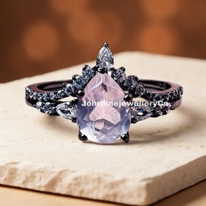 Pear Cut Rose Quartz Ring Set: Sterling Silver Stacking Rings