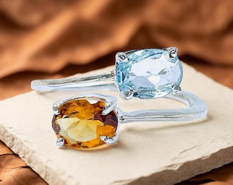 Aquamarine and Citrine Ring: Art Deco 14k Rose Gold Engagement Ring
