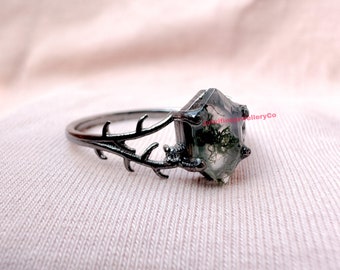Natural Moss Agate Ring Hexagon Engagement Ring Inspired Leaf Solitaire Ring Green Healing Gemstone Ring Promise Ring Women
