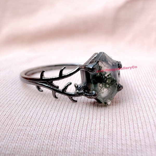 Natural Moss Agate Ring Hexagon Engagement Ring Inspired Leaf Solitaire Ring Green Healing Gemstone Ring Promise Ring Women